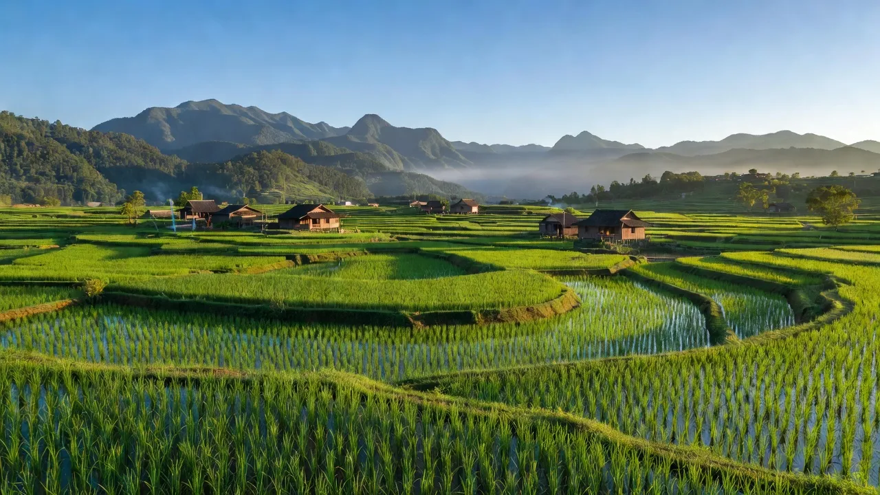 Cảnh quan xã Quảng Hưng, huyện Quảng Hòa, tỉnh Cao Bằng với ruộng bậc thang xanh tươi và nhà sàn truyền thống.