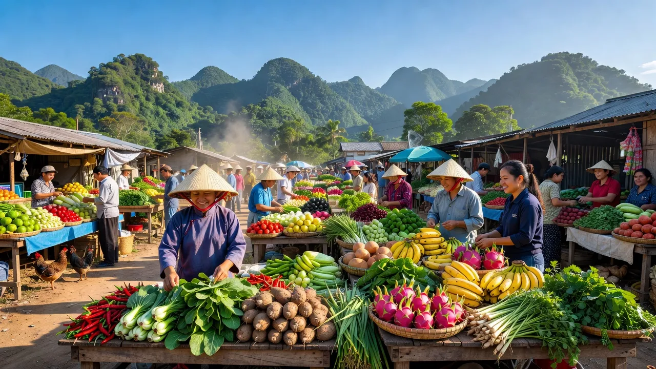 Chợ tấp nập ở Xã Quảng Hưng, huyện Quảng Hòa, tỉnh Cao Bằng, giữa núi xanh và bầu trời trong.