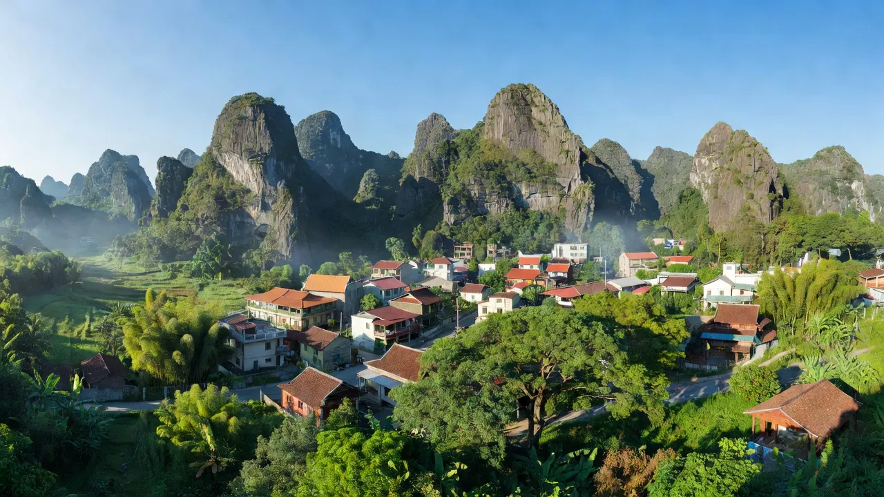 Khung cảnh thị trấn Quảng Uyên, huyện Quảng Hòa, tỉnh Cao Bằng với núi đá vôi và nhà cửa.