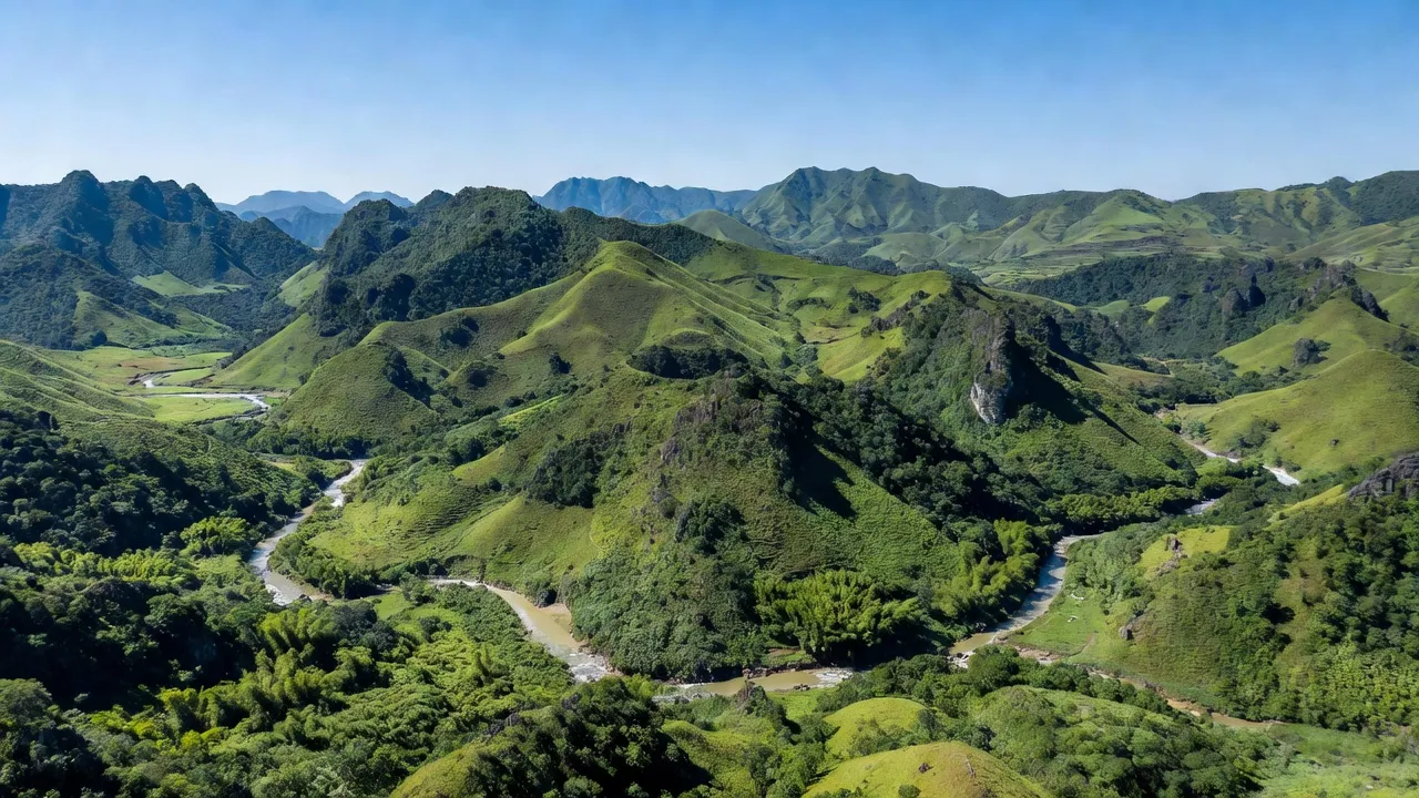 Khung cảnh thơ mộng tại xã Quốc Toản, huyện Quảng Hòa, tỉnh Cao Bằng, với đồi núi xanh tươi.