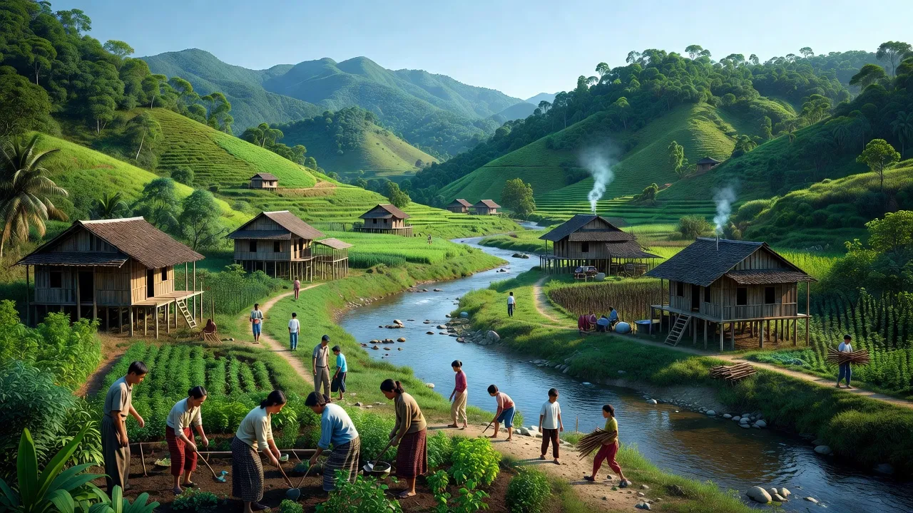 Cảnh quan thị trấn Tà Lùng, Quảng Hòa, Cao Bằng với núi non, sông suối và cuộc sống địa phương.