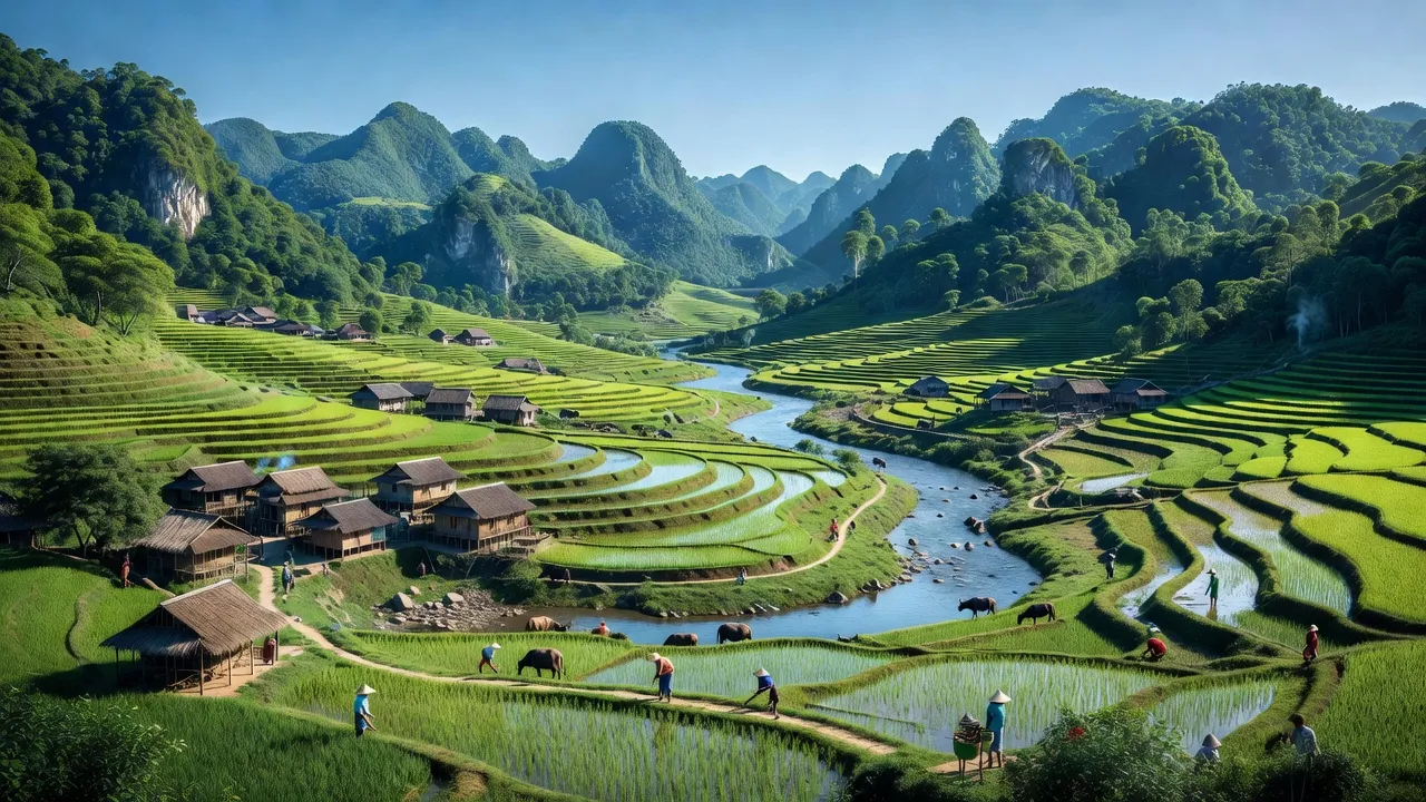 Cảnh đẹp xã Tiên Thành huyện Quảng Hòa, tỉnh Cao Bằng với núi non và làng quê truyền thống.