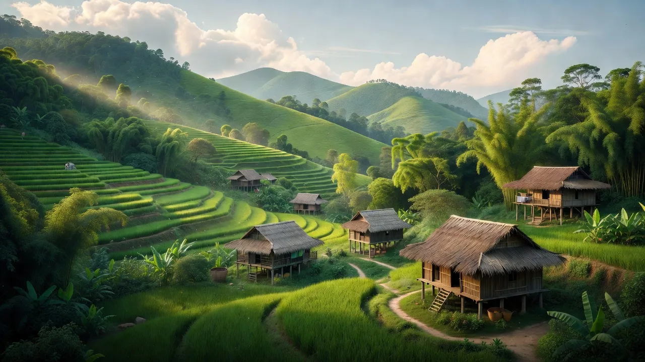 Phong cảnh xã Tự Do huyện Quảng Hòa, tỉnh Cao Bằng với đồi núi và nhà truyền thống.