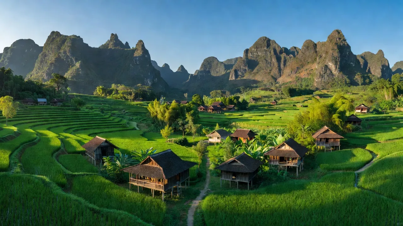 Khung cảnh huyện Thạch An tỉnh Cao Bằng với núi non và nhà sàn truyền thống, cảnh đẹp thiên nhiên.