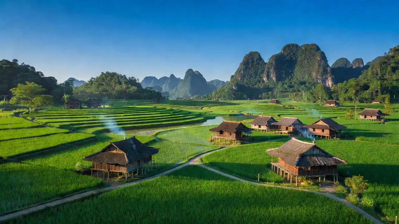 Cảnh quan thanh bình xã Canh Tân, huyện Thạch An, tỉnh Cao Bằng với đồng ruộng xanh tươi.