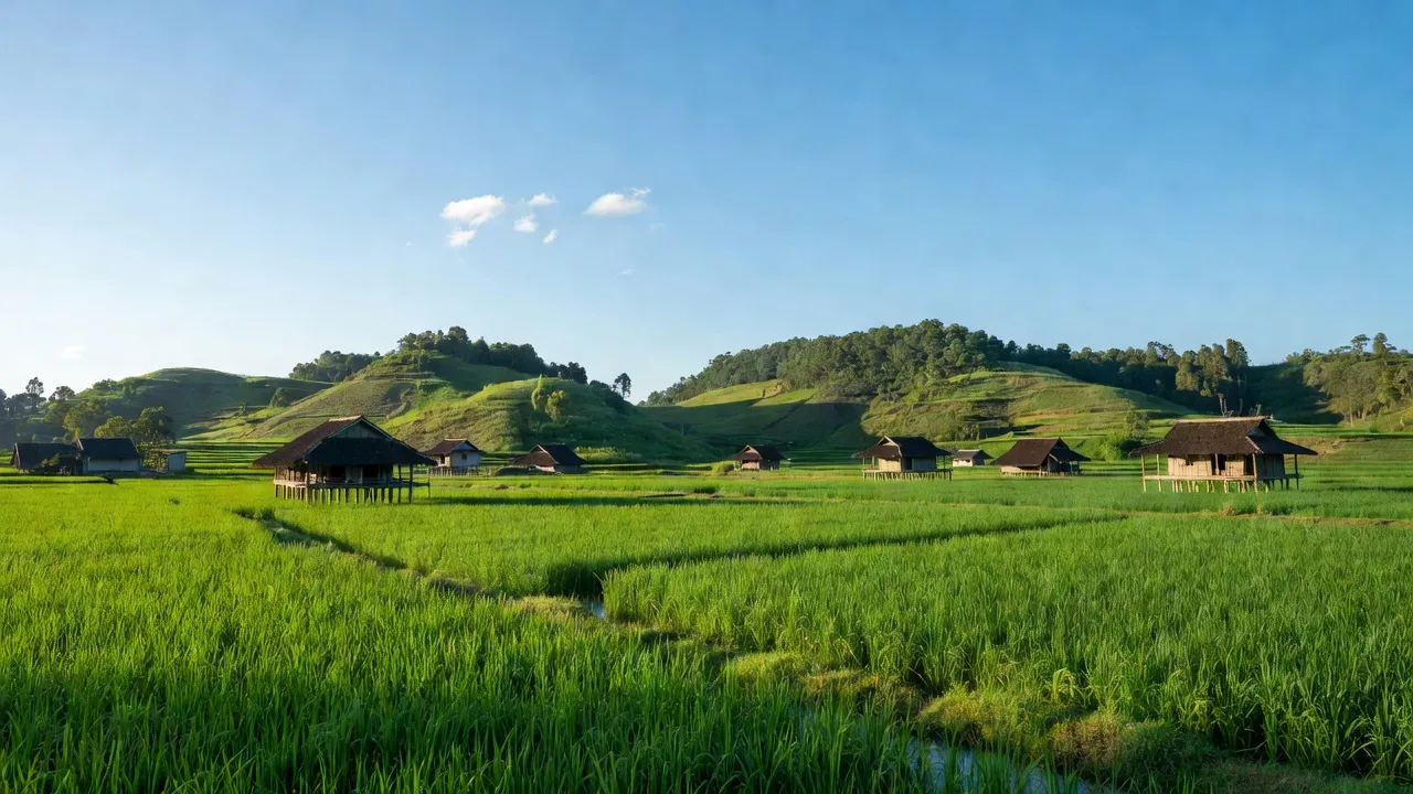Khung cảnh yên bình tại xã Canh Tân, huyện Thạch An, tỉnh Cao Bằng với đồng xanh và nhà truyền thống.