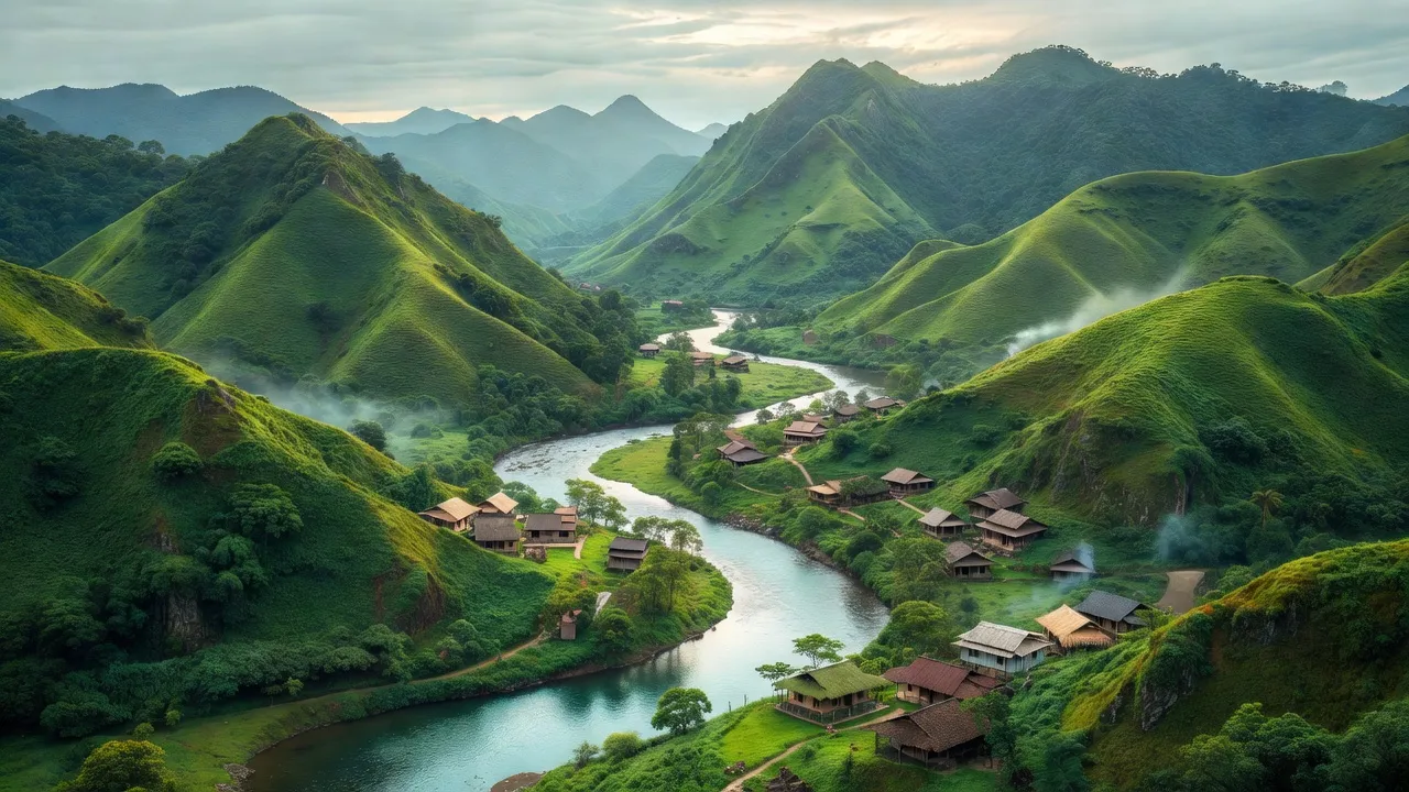 Cảnh đẹp xã Đức Long, huyện Thạch An, tỉnh Cao Bằng, với đồi núi và sông suối hoang sơ.