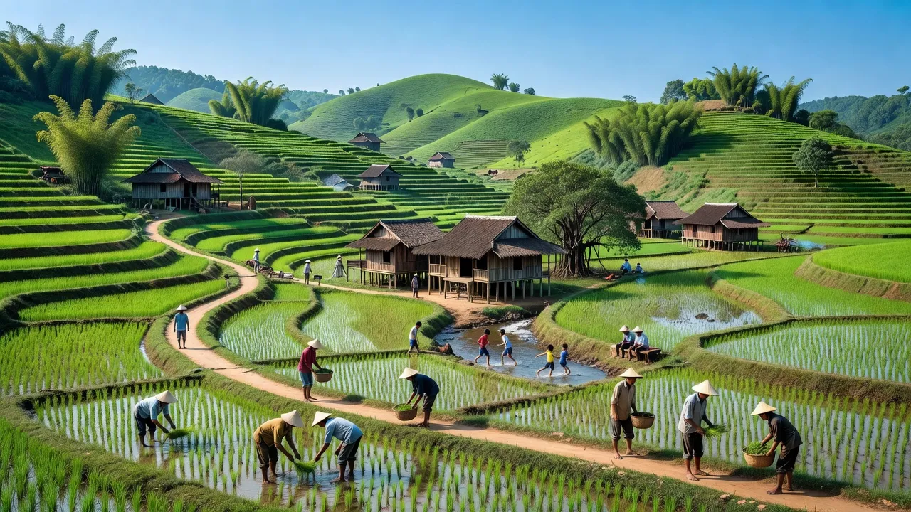 Khung cảnh yên bình xã Đức Thông, huyện Thạch An, tỉnh Cao Bằng với đồng xanh và bầu trời trong trẻo.