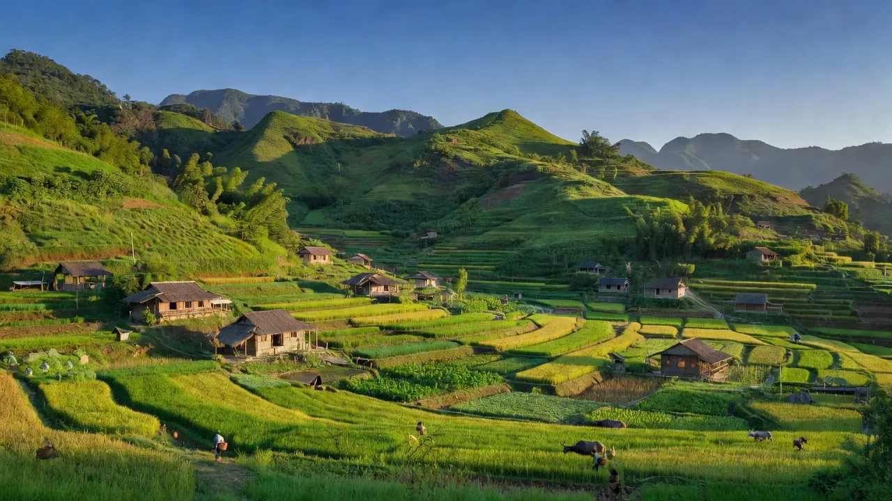 Quang cảnh Xã Đức Xuân, Huyện Thạch An với đồi núi và nông trại xanh tươi, Cao Bằng.