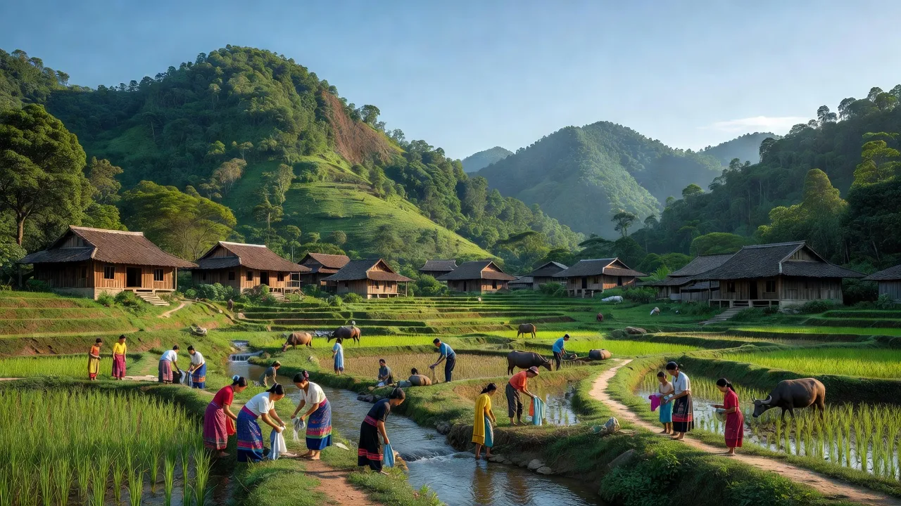 Cảnh thiên nhiên xã Kim Đồng, huyện Thạch An, tỉnh Cao Bằng với núi xanh và nhà sàn truyền thống.