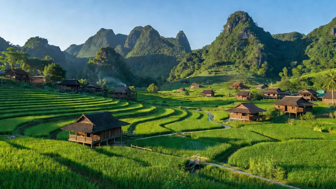 Khung cảnh làng Kim Đồng, huyện Thạch An, Cao Bằng với núi xanh và cánh đồng lúa.