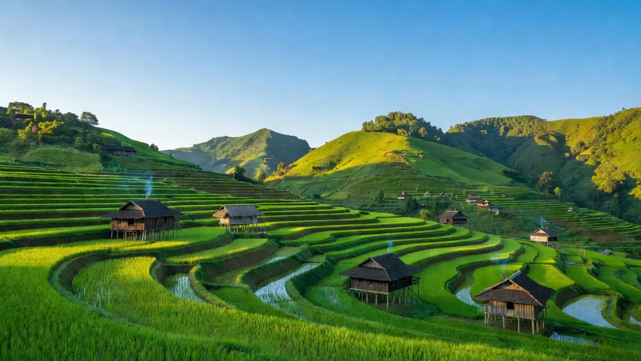 Cảnh đẹp thiên nhiên xã Lê Lai, huyện Thạch An, tỉnh Cao Bằng với ruộng bậc thang và núi.