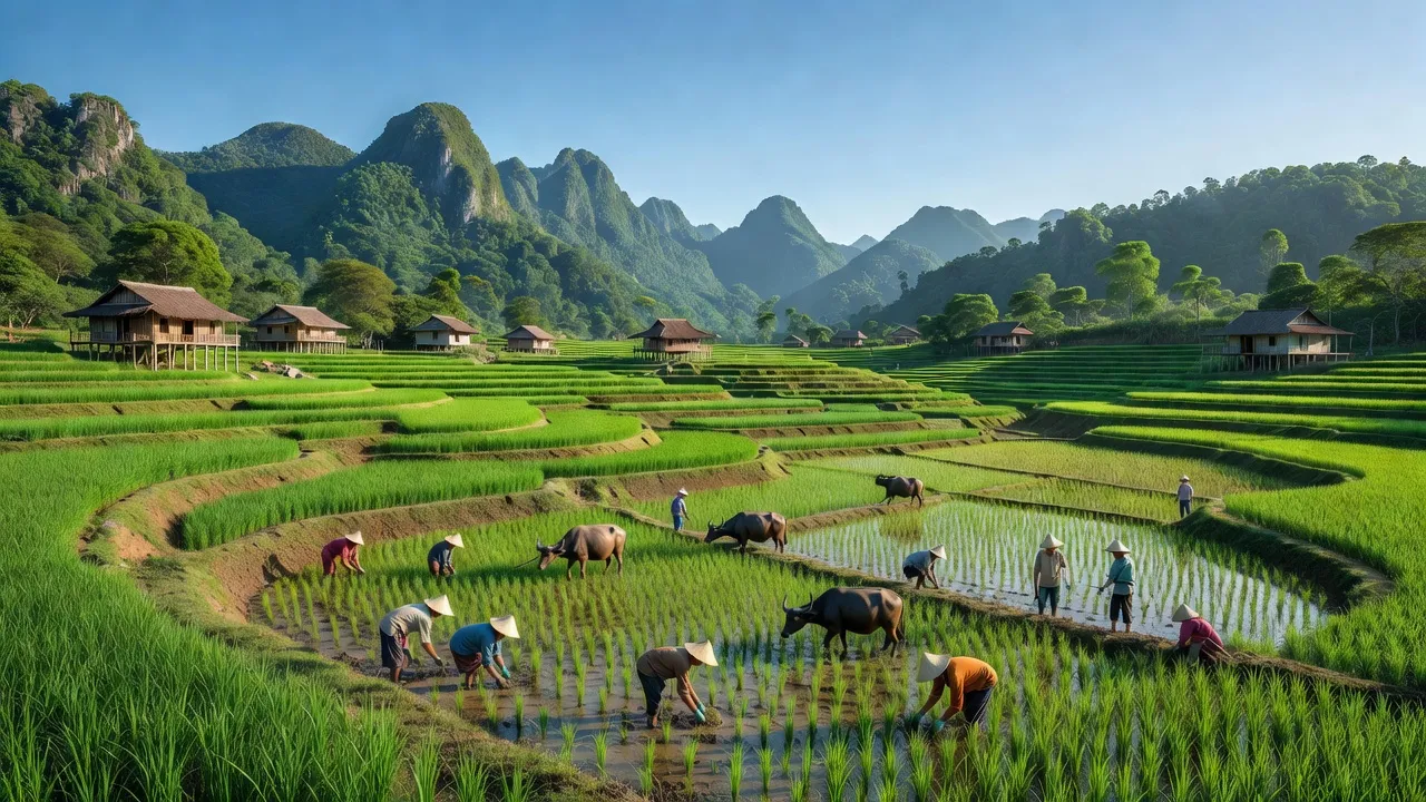 Cảnh đẹp xã Lê Lai, Thạch An, Cao Bằng với ruộng bậc thang và nhà truyền thống.