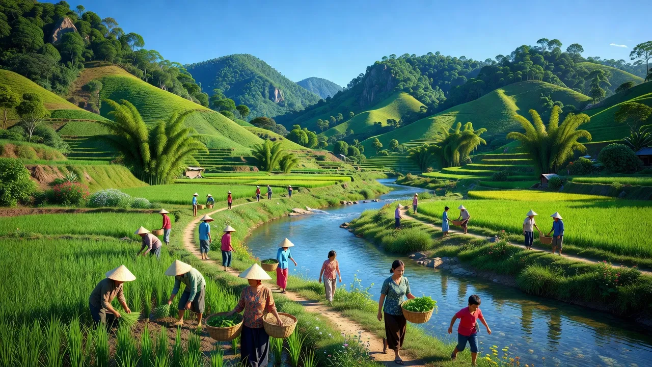 Cảnh quan xã Lê Lợi, Thạch An, Cao Bằng với đồi núi, dòng sông và người dân địa phương.