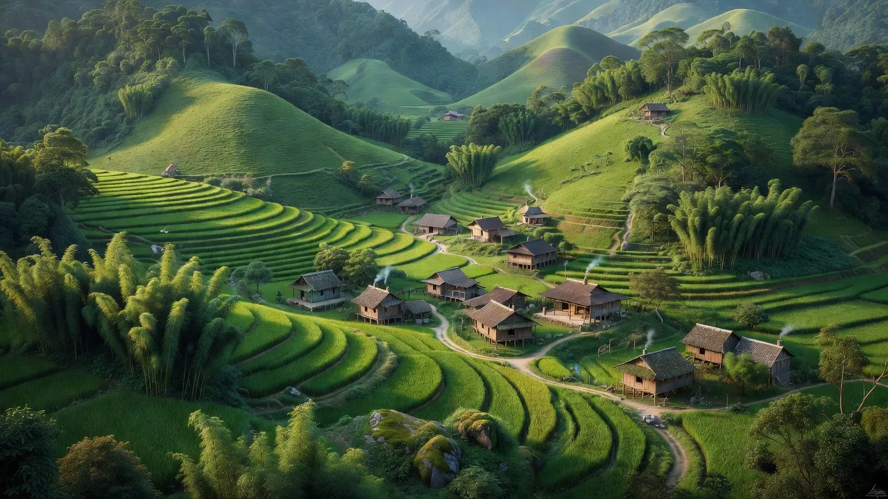 Khung cảnh xã Minh Khai, huyện Thạch An, tỉnh Cao Bằng với những ngọn đồi xanh và xóm nhỏ.