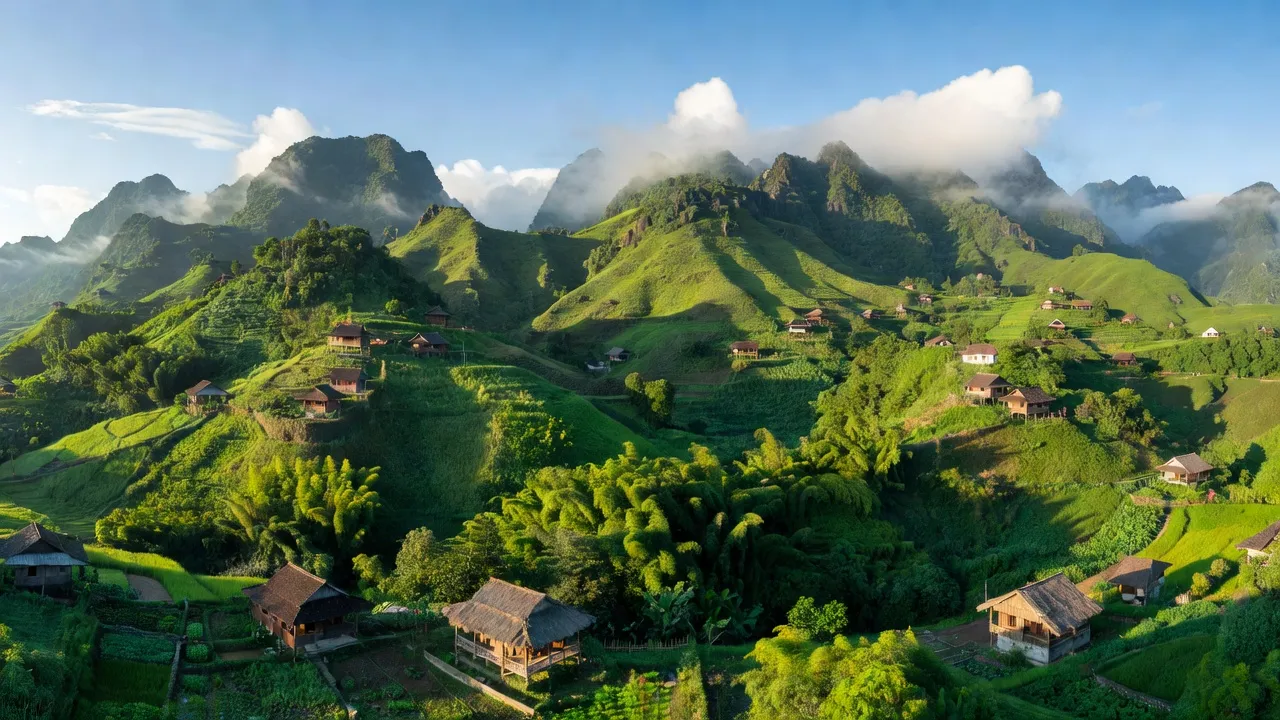 Khung cảnh xã Minh Khai, huyện Thạch An, tỉnh Cao Bằng với núi non và nhà dân rải rác.