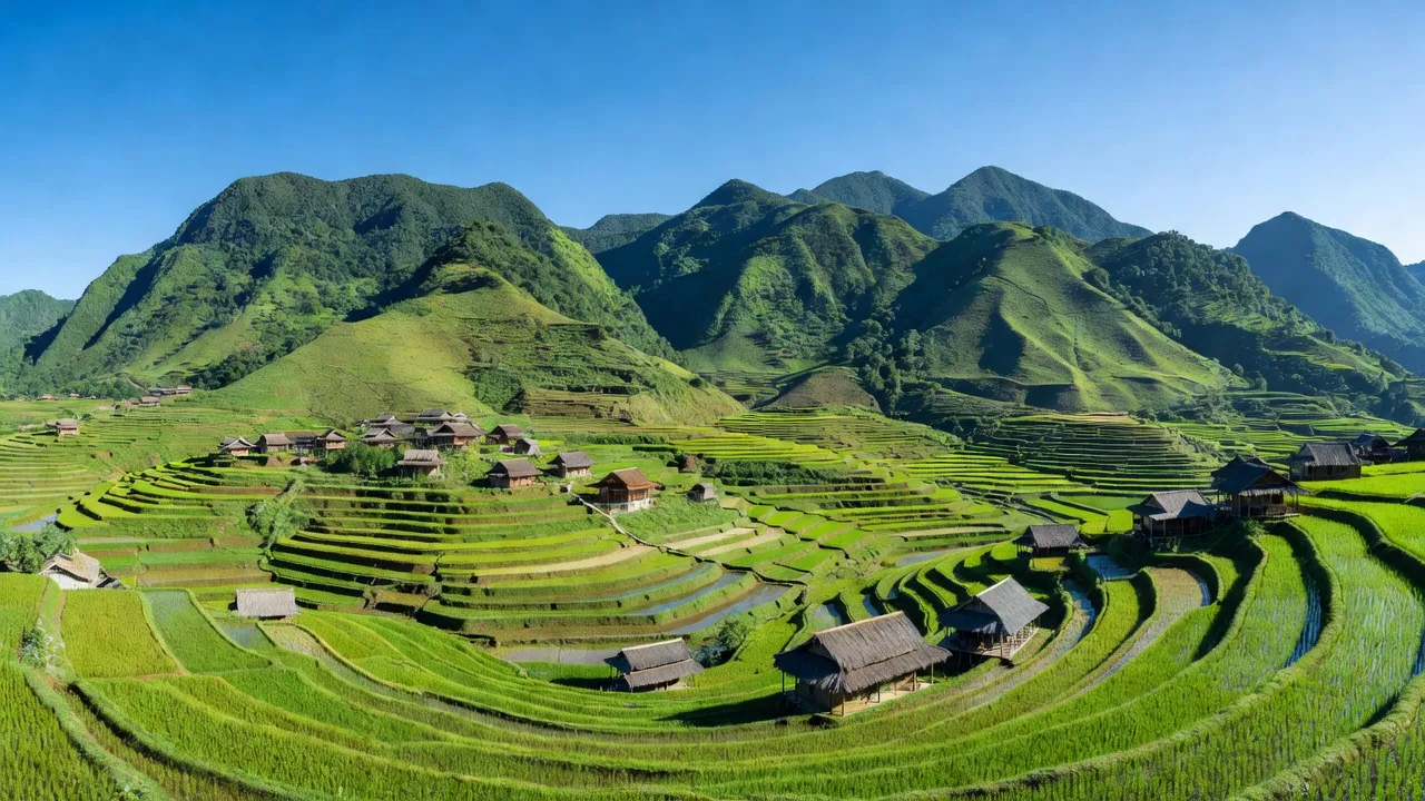 Khung cảnh xã Quang Trọng, huyện Thạch An với núi xanh, ruộng bậc thang và trời xanh, Cao Bằng.