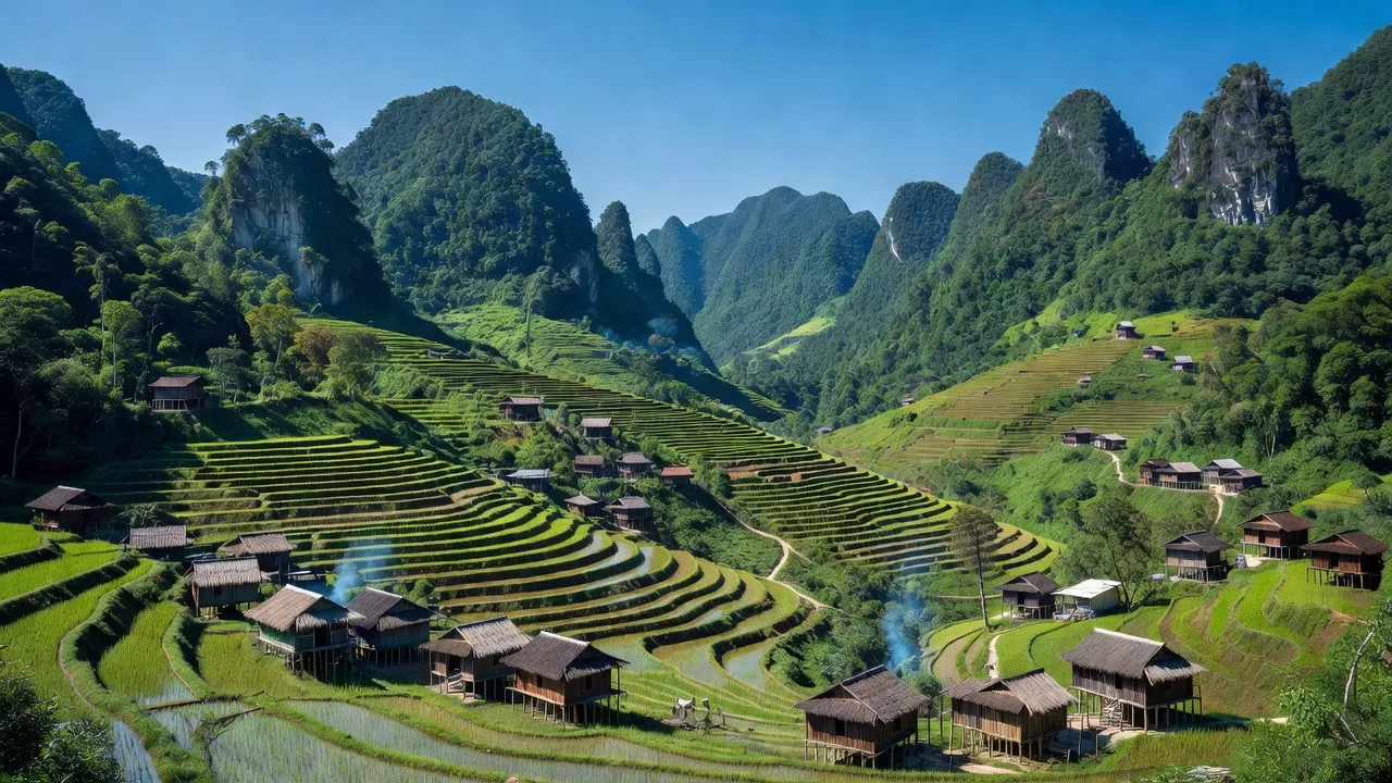 Phong cảnh xã Quang Trọng, huyện Thạch An, tỉnh Cao Bằng với núi đồi và nhà sàn truyền thống.