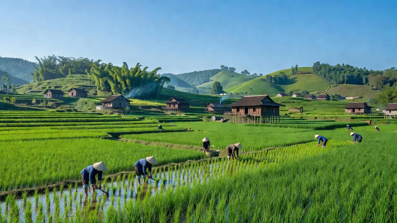 Cảnh sắc bình yên xã Thái Cường, huyện Thạch An, tỉnh Cao Bằng với ruộng bậc thang và nhà cổ.