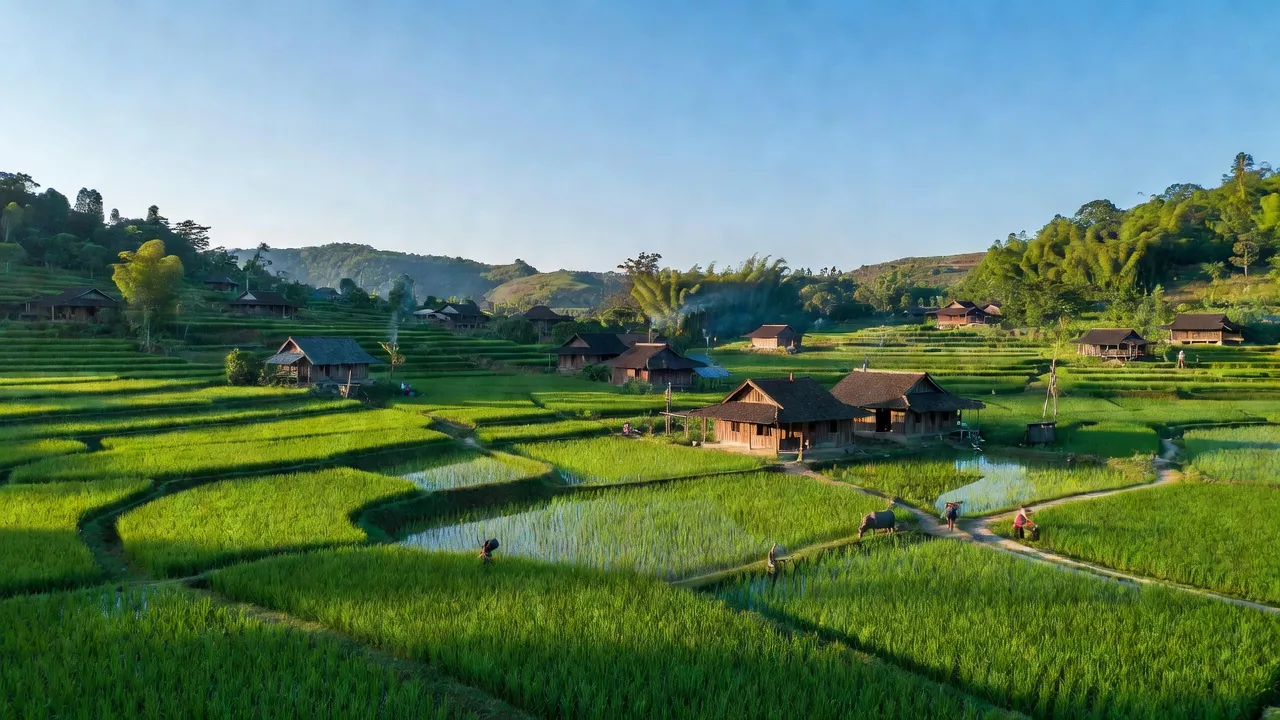 Khung cảnh thanh bình xã Thái Cường, huyện Thạch An, Cao Bằng với cánh đồng xanh và nhà gỗ.