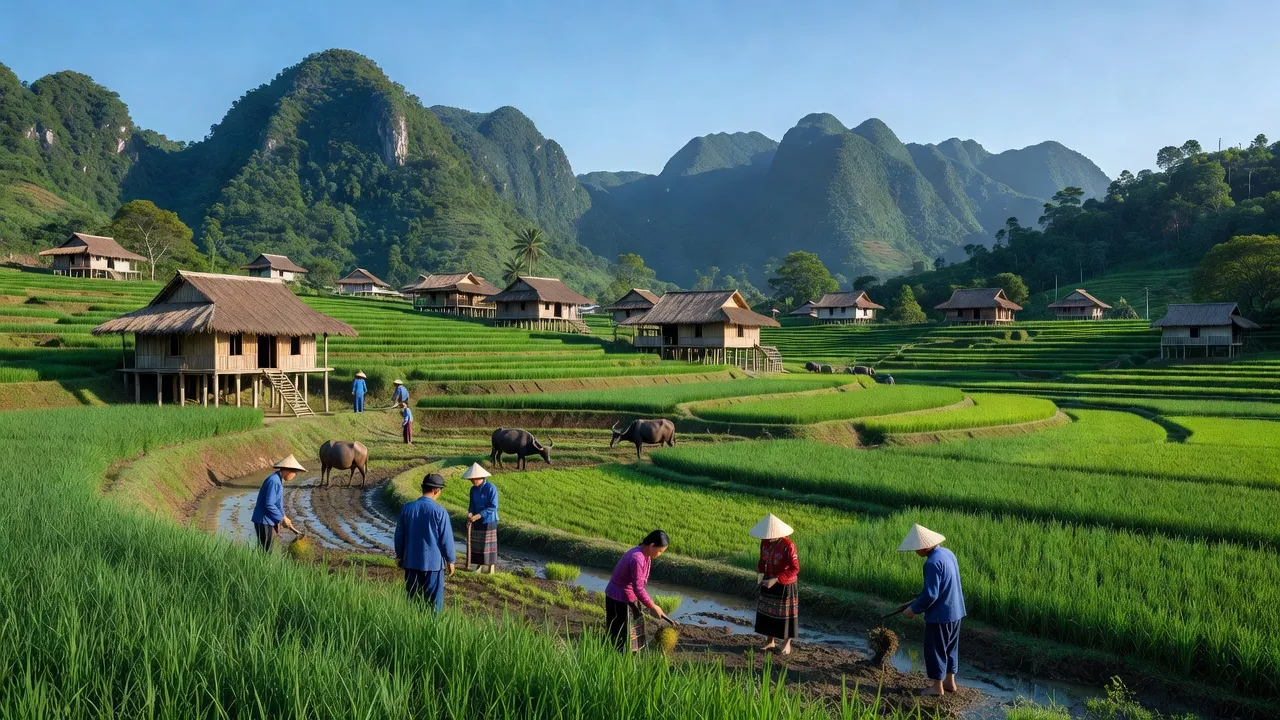 Bức tranh thiên nhiên của xã Trọng Con, huyện Thạch An, tỉnh Cao Bằng với núi non và làng quê.