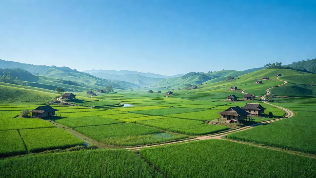 Cảnh quan xã Vân Trình, huyện Thạch An, Cao Bằng với cánh đồng và nhà truyền thống.