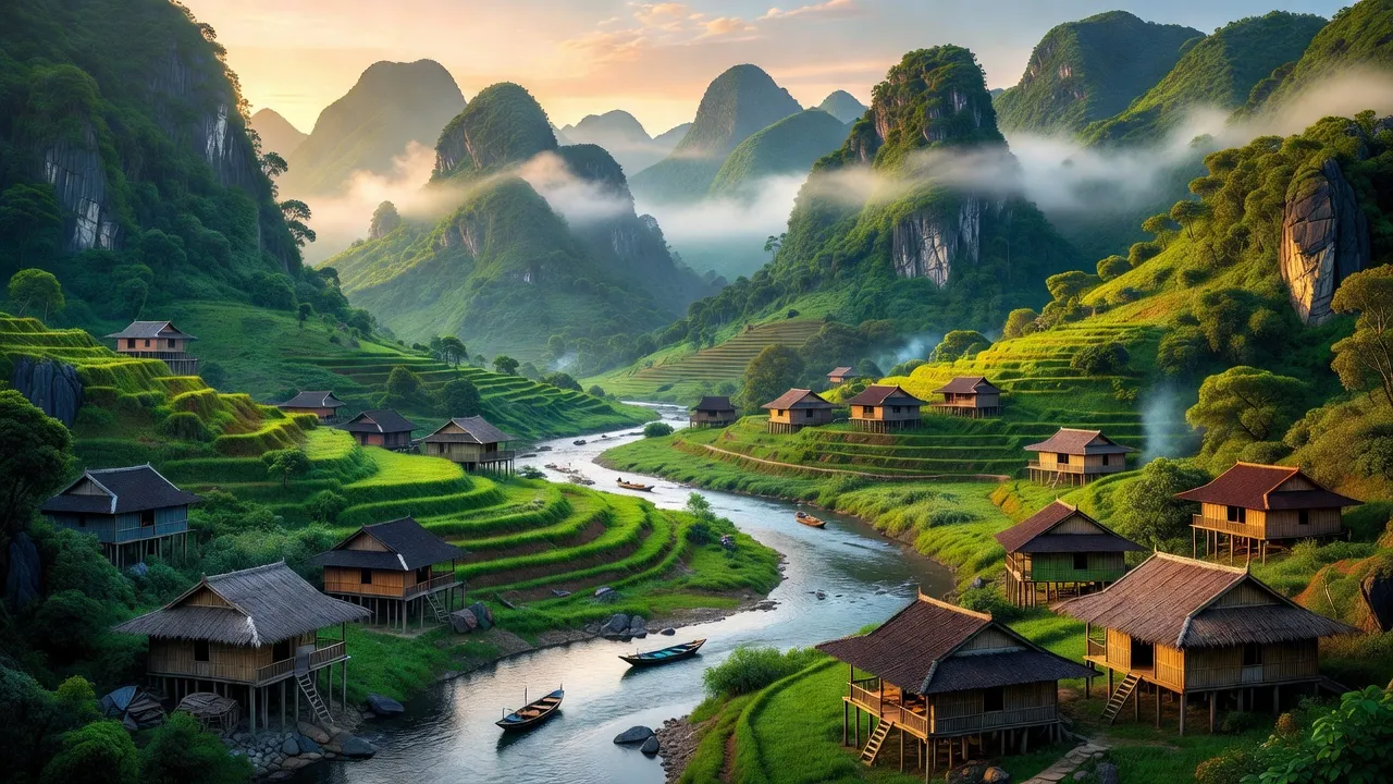 Cảnh thiên nhiên huyện Trùng Khánh, tỉnh Cao Bằng với núi non và nhà truyền thống.