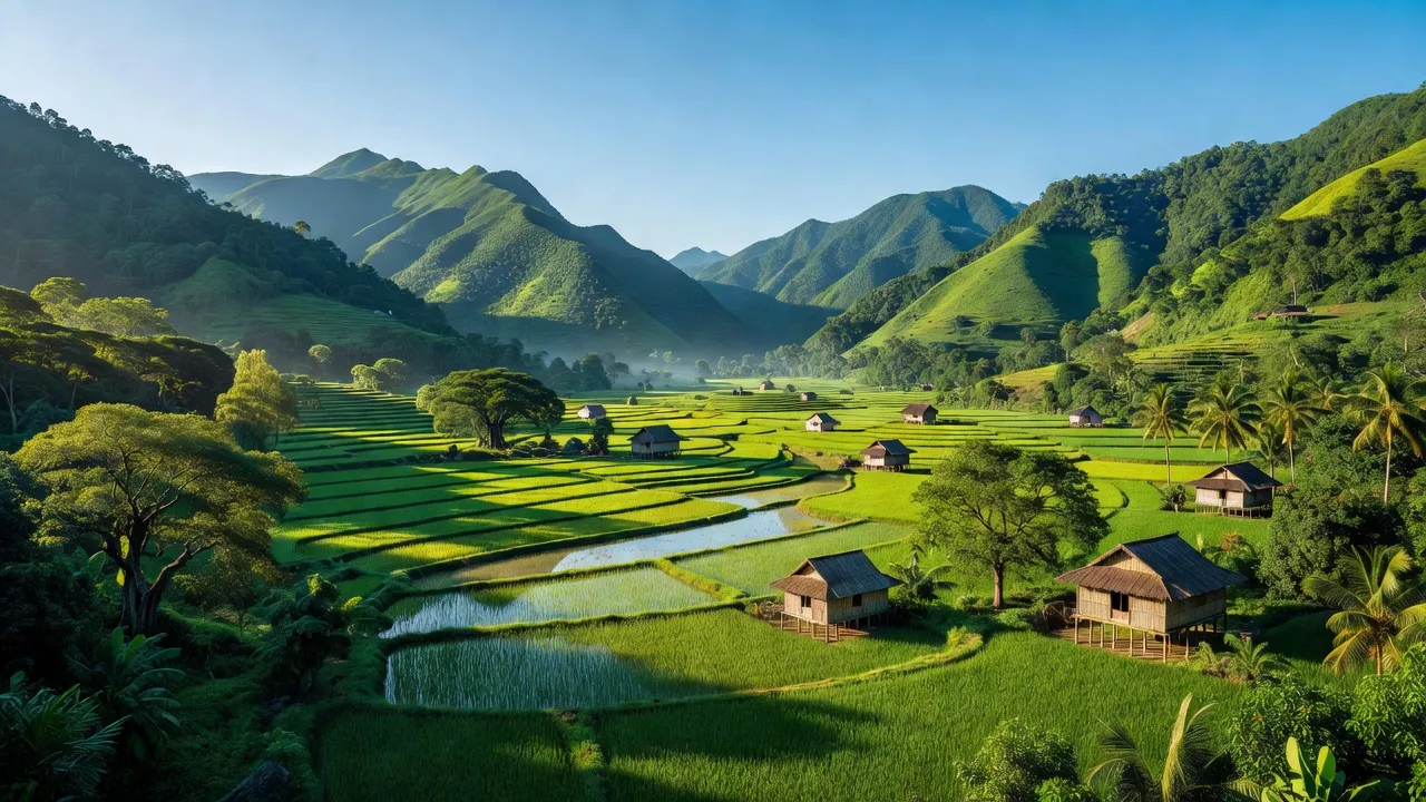 Phong cảnh tuyệt đẹp ở xã Cao Chương, huyện Trùng Khánh, tỉnh Cao Bằng với núi và cánh đồng.