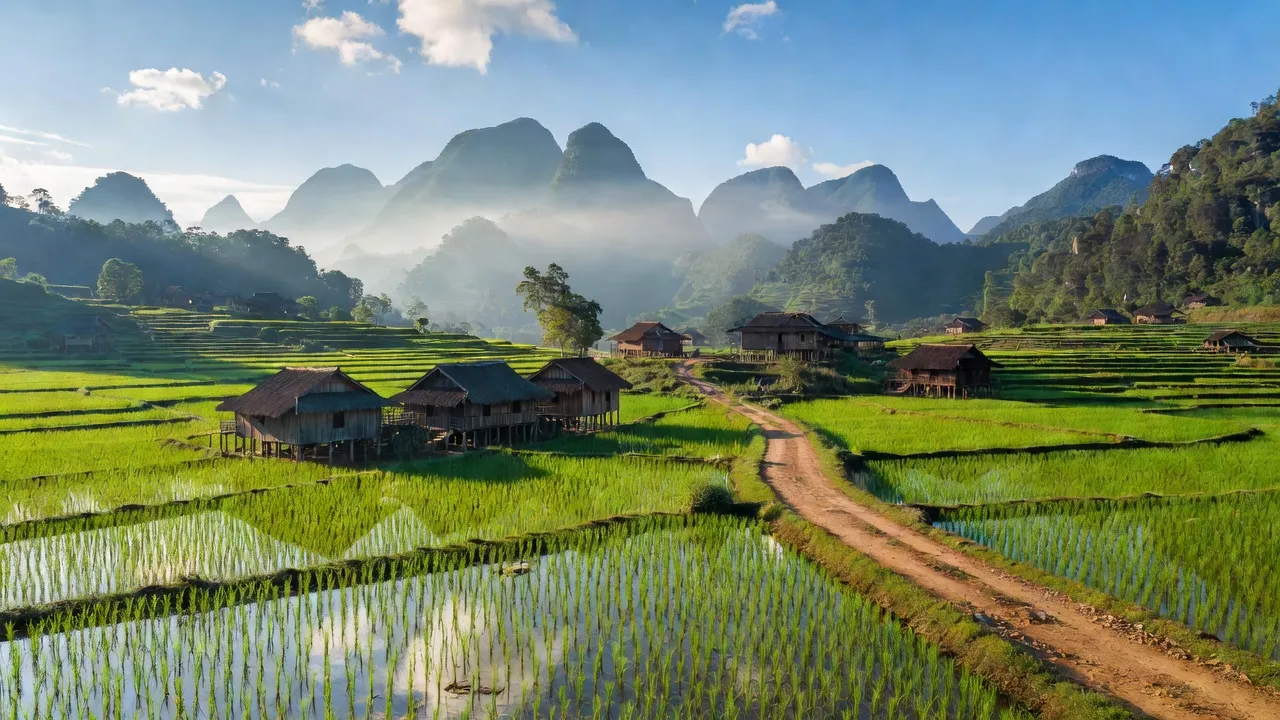 Cảnh đẹp xã Cao Thăng, huyện Trùng Khánh, tỉnh Cao Bằng với cánh đồng xanh, núi non hùng vĩ.