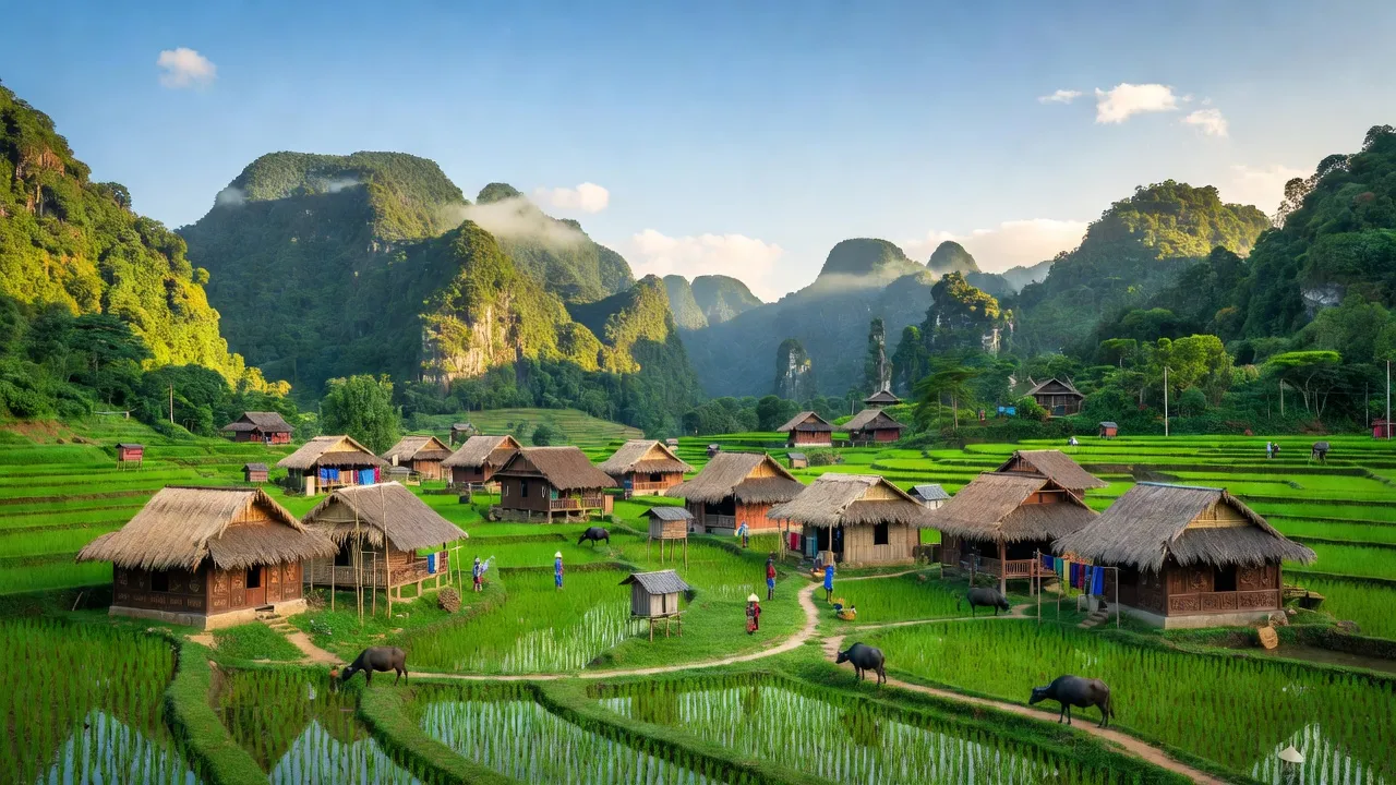 Khung cảnh Xã Chí Viễn, huyện Trùng Khánh, tỉnh Cao Bằng, với núi non xanh tươi và nhà truyền thống.