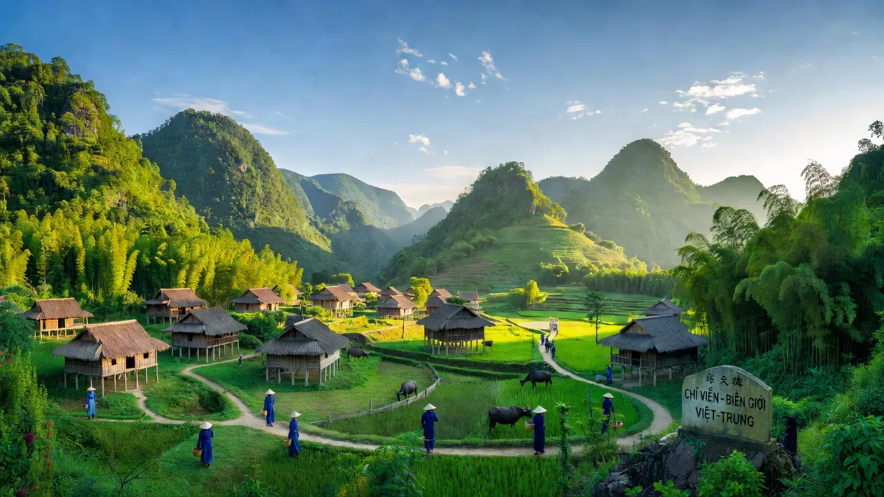 Khung cảnh yên bình của xã Chí Viễn, huyện Trùng Khánh, tỉnh Cao Bằng với núi xanh và nhà truyền thống.