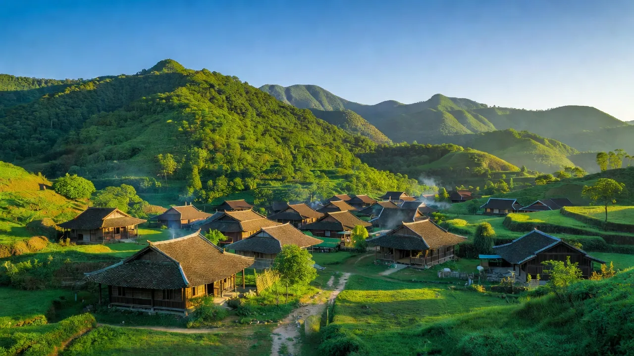 Khung cảnh làng Đình Phong, huyện Trùng Khánh, tỉnh Cao Bằng với núi non xanh tươi và nhà ở truyền thống.
