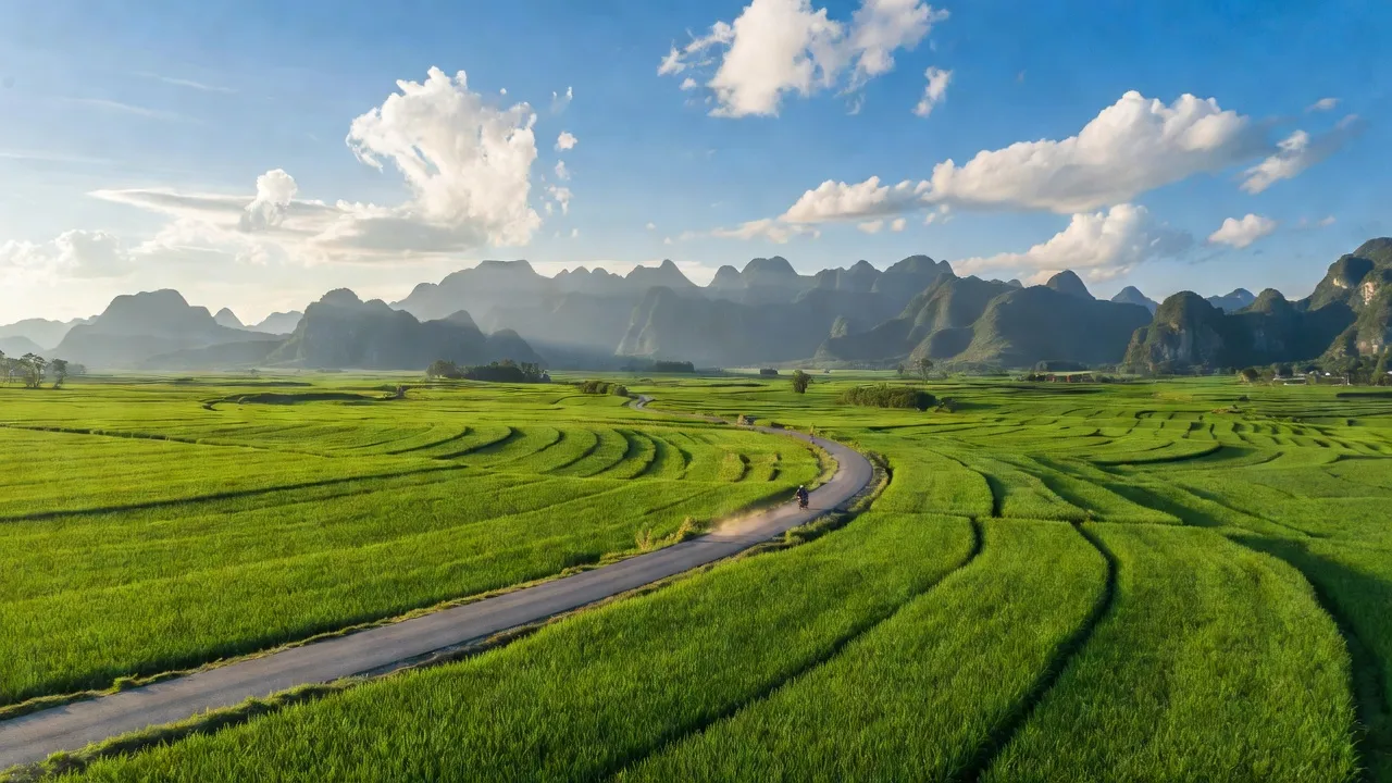 Cảnh quan xã Đức Hồng, huyện Trùng Khánh, tỉnh Cao Bằng, với đồng cỏ và đường tỉnh lộ 206.