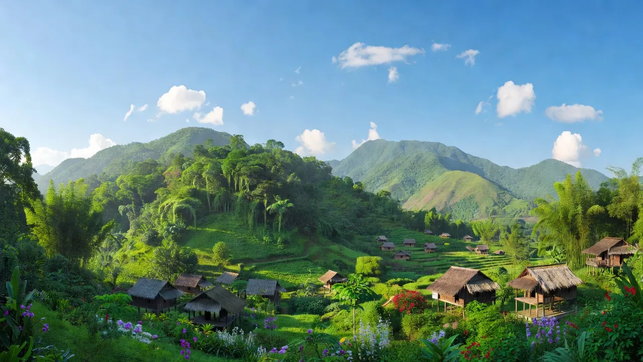 Khâm Thành, Trùng Khánh, Cao Bằng with green mountains and traditional houses under blue skies.