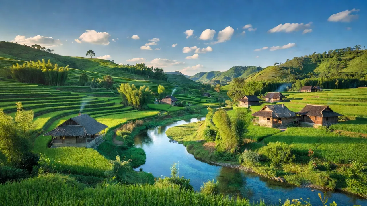 Cảnh quan xã Ngọc Côn, huyện Trùng Khánh, tỉnh Cao Bằng với đồi xanh và sông trong.