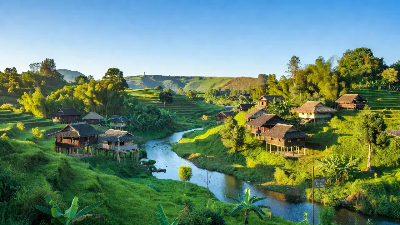 Khung cảnh Xã Ngọc Côn, huyện Trùng Khánh, tỉnh Cao Bằng, với đồi xanh và sông êm đềm.
