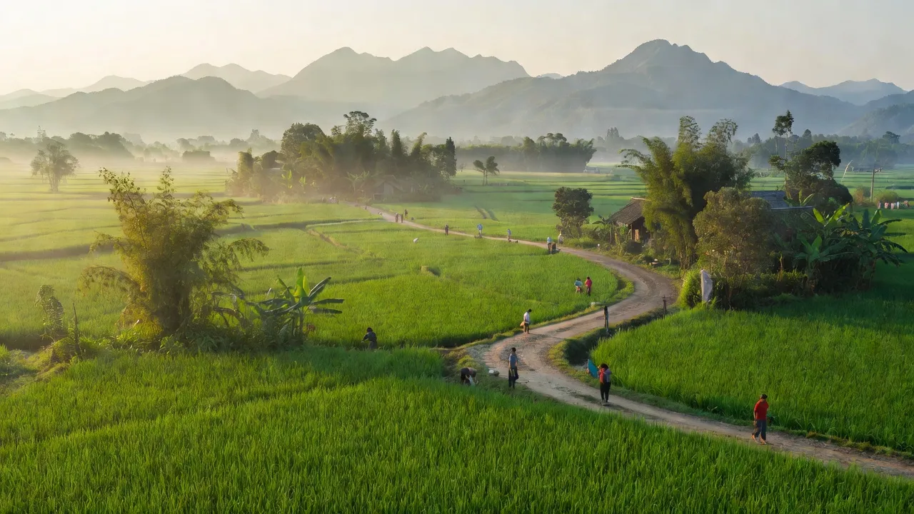 Cảnh quan bình dị ở xã Ngọc Khê, huyện Trùng Khánh, tỉnh Cao Bằng, với đồng ruộng và núi.