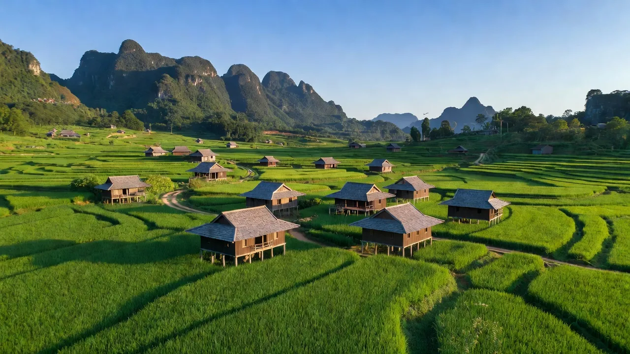 Cảnh quan xã Ngọc Khê, huyện Trùng Khánh, tỉnh Cao Bằng, với cánh đồng xanh tươi và nhà truyền thống.
