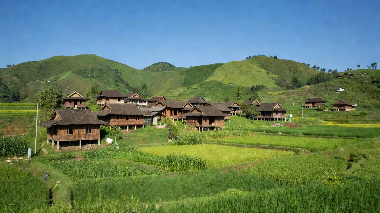 Khung cảnh xã Phong Châu, huyện Trùng Khánh, Cao Bằng với nhà sàn và cánh đồng xanh tươi.