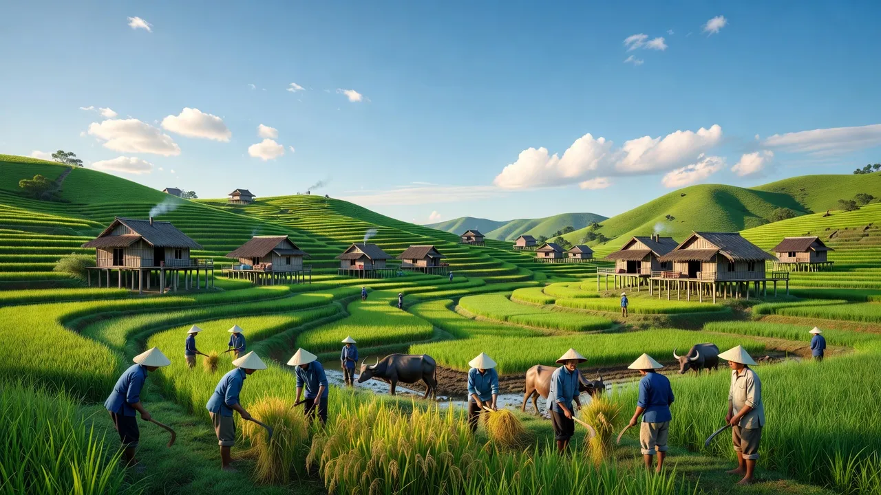 Khung cảnh Xã Phong Châu với nhà sàn dân tộc, đồi xanh và hoạt động nông nghiệp thường ngày.