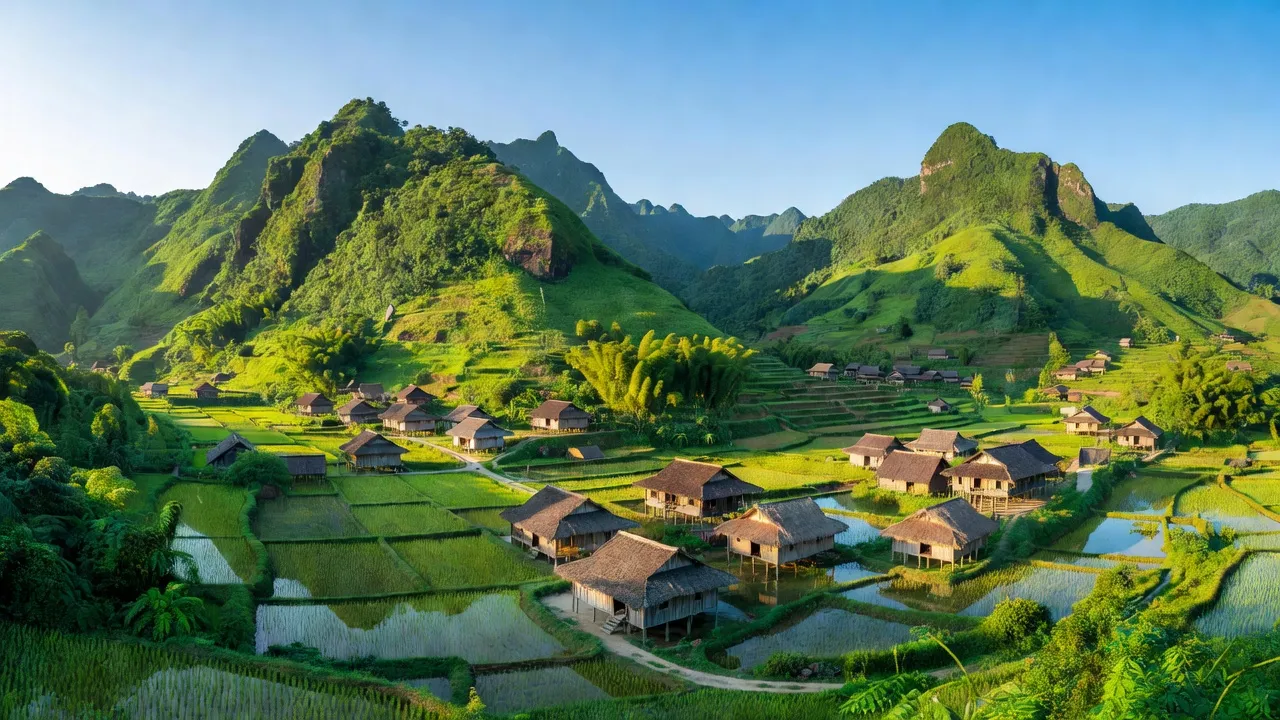 Phong Nậm village in Trùng Khánh, Cao Bằng, with lush mountains and traditional houses under clear skies.