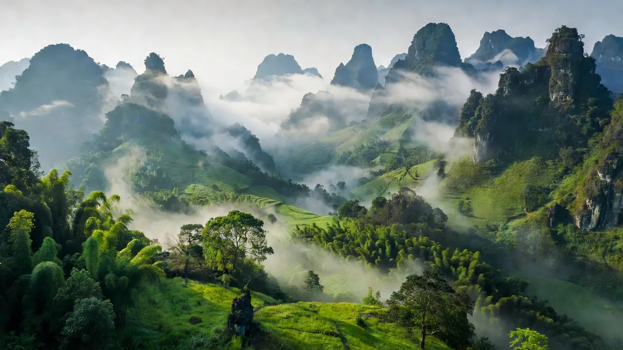 Khung cảnh đẹp của xã Quang Hán, huyện Trùng Khánh, tỉnh Cao Bằng với núi non và sương mù.