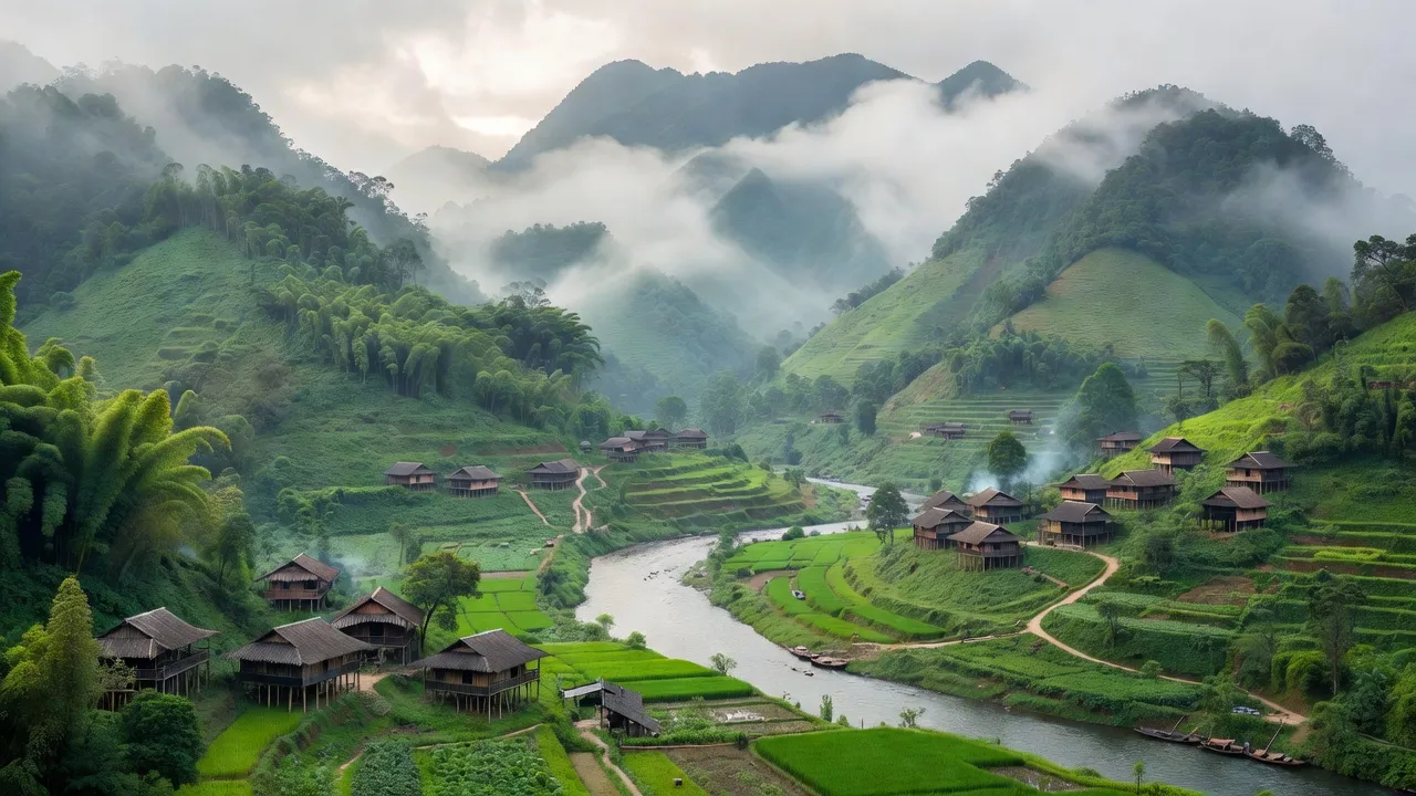 Khung cảnh yên bình xã Quang Hán, huyện Trùng Khánh, tỉnh Cao Bằng với núi xanh và mưa sương.