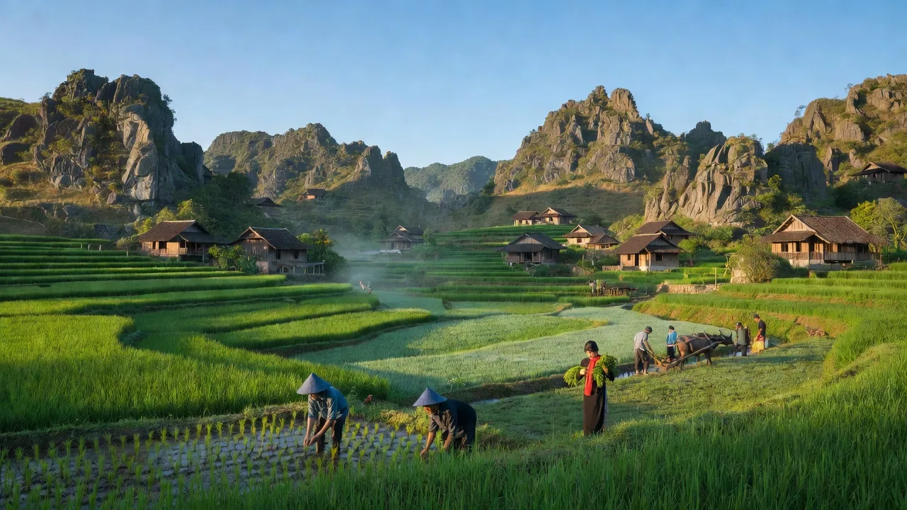 Cảnh sắc xã Quang Trung, Trùng Khánh, Cao Bằng với núi non và nhà truyền thống.