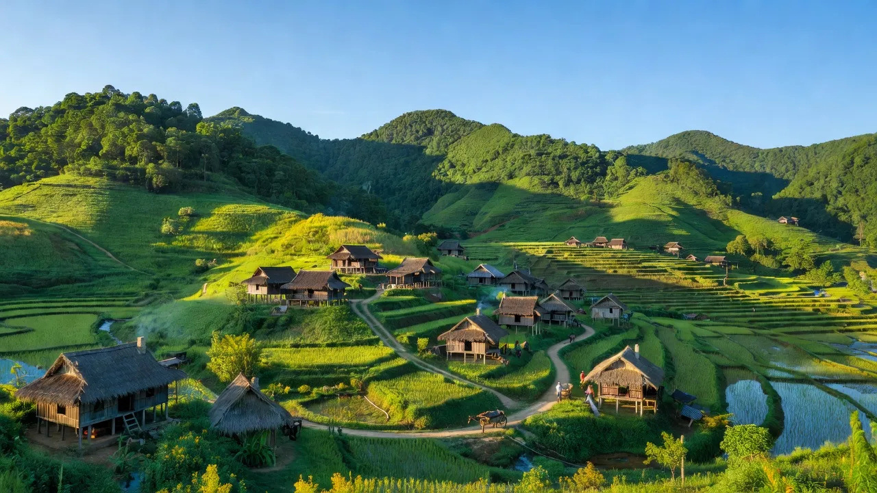 Khung cảnh đẹp của xã Quang Vinh, huyện Trùng Khánh, tỉnh Cao Bằng với đồi núi xanh tươi.