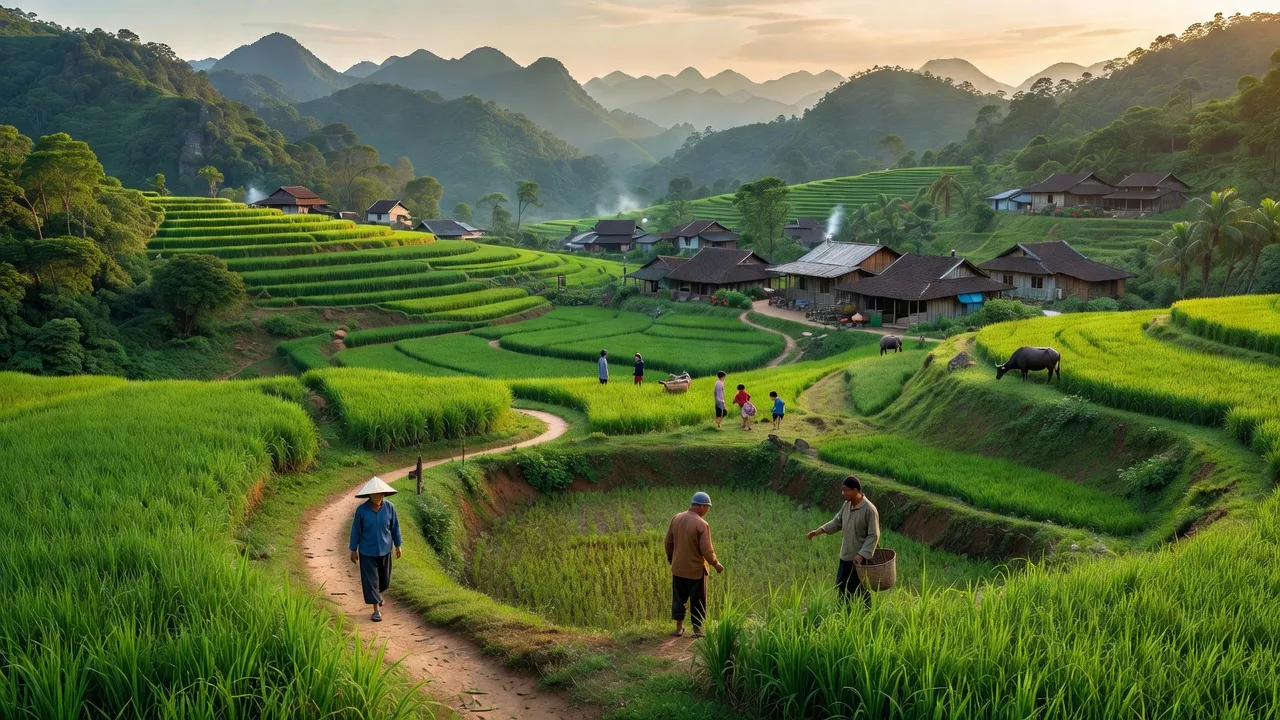 Khung cảnh Xã Quang Vinh, huyện Trùng Khánh, Cao Bằng với đồi núi và cuộc sống yên bình.