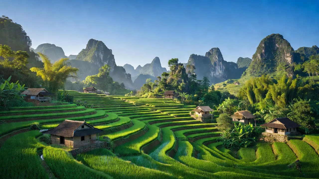Phong cảnh xã Tri Phương, huyện Trùng Khánh, tỉnh Cao Bằng với ruộng bậc thang và núi đá vôi.