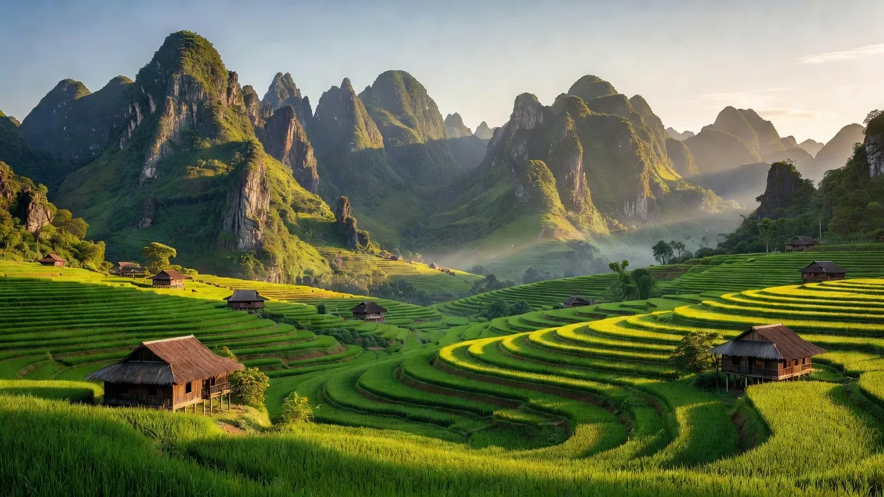Tri Phương, Trùng Khánh, Cao Bằng with beautiful limestone mountains and traditional wooden houses.