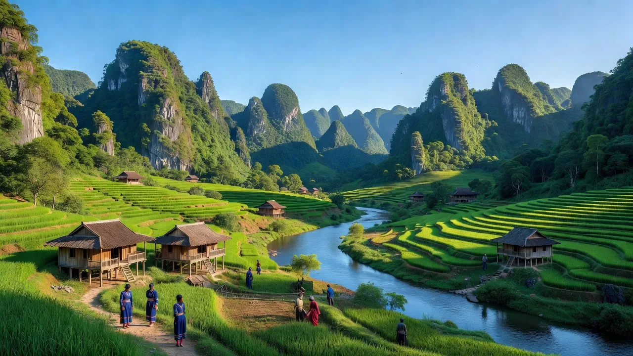 Cảnh đẹp tỉnh Cao Bằng với địa hình karst, núi xanh và văn hóa các dân tộc, Việt Nam.