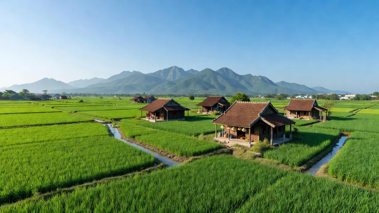 Huyện Hòa Vang, Đà Nẵng with rice fields, mountains, and traditional houses reflecting rural life.